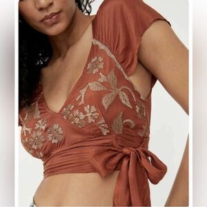 Free People Rust Sahara Floral Embroidered Crop Top Size Large